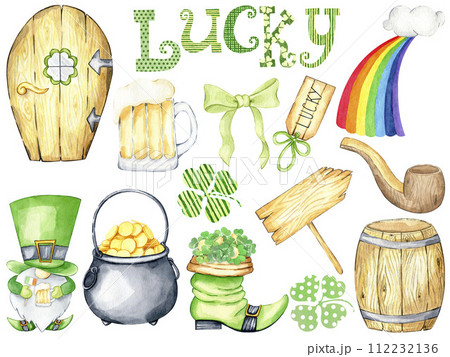 St. Patrick's day hand drawn clipart set with clover, shamrock, gnome, rainbow, beer mug, smocking pipe, pot with gold isolated on white background. Watercolor traditional elements for irish holiday. 112232136