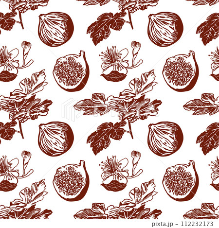 Fig graphics, seamless pattern. Vector illustration. Design element for food, cosmetics, cards, wallpaper, wrapping paper, textile, fabric, covers. 112232173