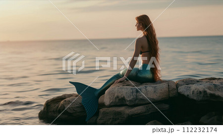 Young mermaid sitting on a rock on an island in the sea. 112232174