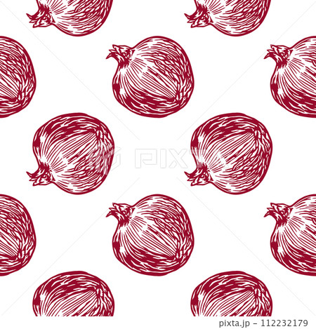 Pomegranate seamless pattern. Whole fruit, slices. Vector illustration in graphic style. Cards, food labels, covers, wrapping paper, textile, fabric. 112232179