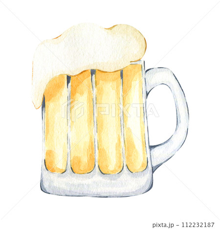 Watercolor hand drawn st patrick's day illustration of mug with beer isolated on white background. October fest clipart. Glass mug of beer with foam on top 112232187