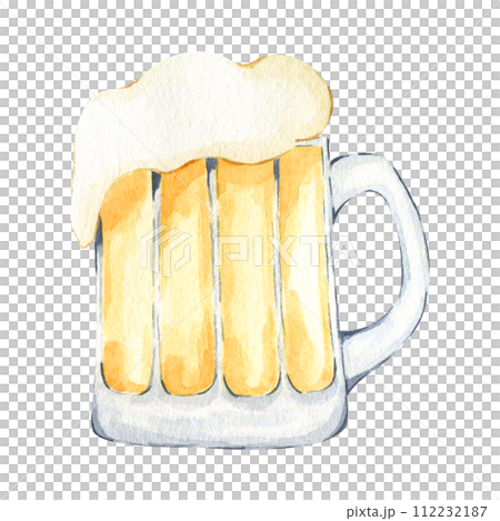 Watercolor hand drawn st patrick's day illustration of mug with beer isolated on white background. October fest clipart. Glass mug of beer with foam on top 112232187