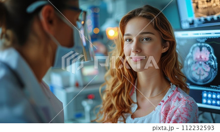 Red-Haired Woman Standing Next to Man in Lab Red-Haired Woman Standing Next to Man in Lab 112232593