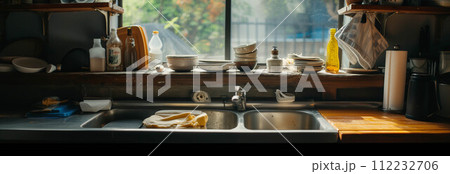 Dirty sink with lots of unwashed dishes in the kitchen. 112232706