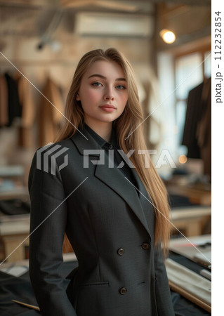 Caucasian woman smiling with confidence in tailor shop. 112232854
