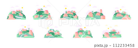 Small Town Scenes with House on Hills with Tree Vector Set 112233458