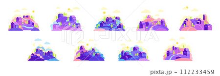 Small Town Scenes with House on Hills with Tree Vector Set 112233459