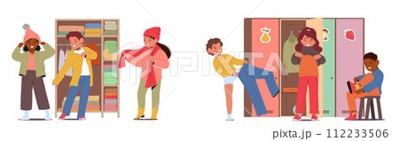 Children, Amidst Laughter And Chatter, Hurriedly Don Their Clothes Near Kindergarten Lockers Or Wardrobe 112233506