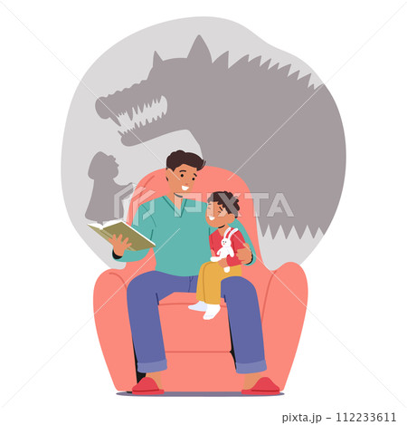 Dad And His Kid Family Characters Snuggle In An Armchair, A Fairy Tale Book Open Before Them, As He Reads Aloud 112233611