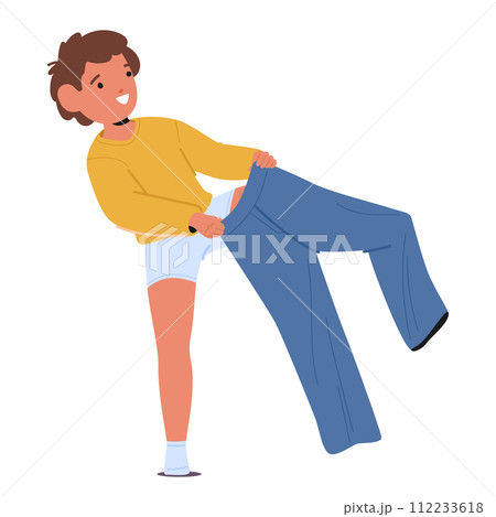 Little Cheerful Boy Steps Into His Pants One Leg At A Time, Pull Them Up Snugly Around His Waist. Kid Character Dressing 112233618