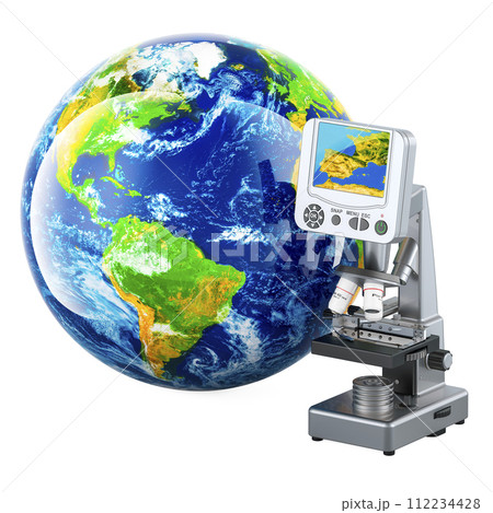 Microscope with Earth Globe. Global research and discovery, concept. 3D rendering 112234428