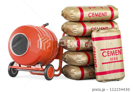 Building and construction, concept. Cement mixer with cement bags. 3D rendering 112234430