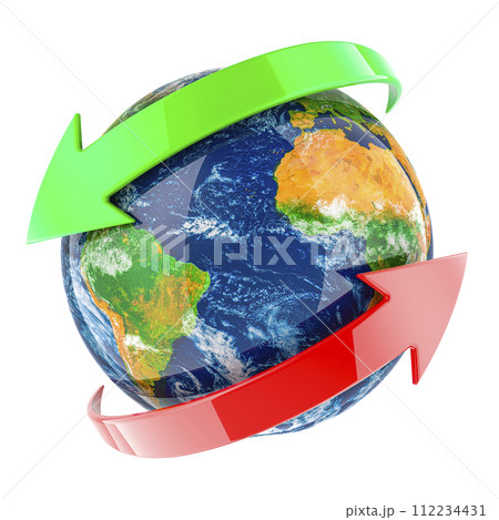 Earth Globe with green and red arrows around. 3d rendering 112234431