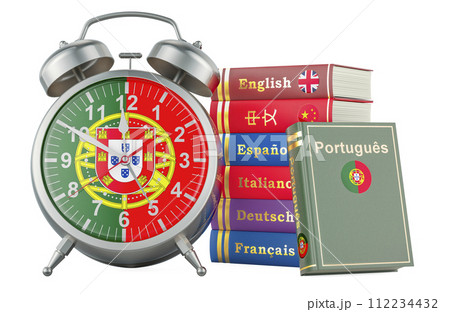 Portuguese course, lessons concept. Books with alarm clock. Time to learn Portuguese language, 3D rendering 112234432