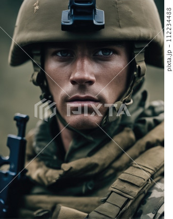 Photography of an ultra realistic Soldier in dramatic light Photography of an ultra realistic Soldier in dramatic light 112234488
