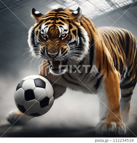 Beautiful tiger with soccer ball, furious tiger in stadium background. 112234519