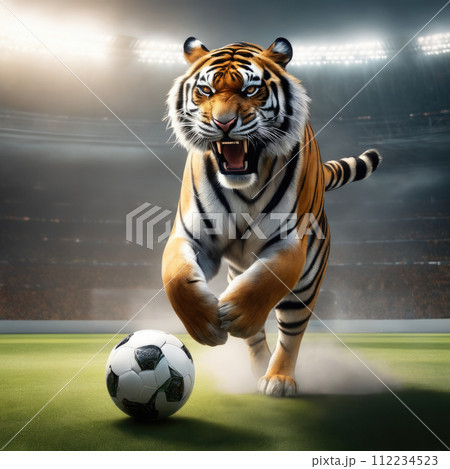 Beautiful tiger with soccer ball, furious tiger in stadium background. 112234523