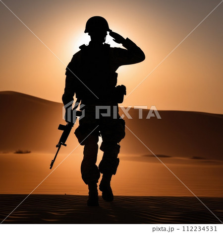 Silhouette Of A Soldier Saluting During Sunset Silhouette Of A Soldier Saluting During Sunset 112234531