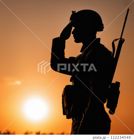 Silhouette Of A Soldier Saluting During Sunset 112234549