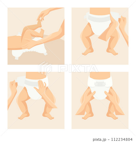 Flat Vector Illustration of a Baby Diaper. Side and Top View. Infant Underwear, Stages of Changing Diaper Panties. Ultimate Guide, Step by Step Diapering Tutorial. Tips for Diapering 112234804