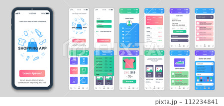 Shopping mobile app screens set for web templates. Pack of profile login, online purchases, discount price sales, product rating. UI, UX, GUI user interface kit for cellphone layouts. Vector design 112234841