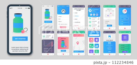Medicine mobile app screens set for web templates. Pack of patient profile, online pharmacy orders, doctor treatments, account menu. UI, UX, GUI user interface kit for cellphone layouts. Vector design 112234846