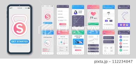 Fitness mobile app screens set for web templates. Pack of user profile, wight or pulse information, online maps, calendar, exercise. UI, UX, GUI user interface kit for cellphone layouts. Vector design 112234847