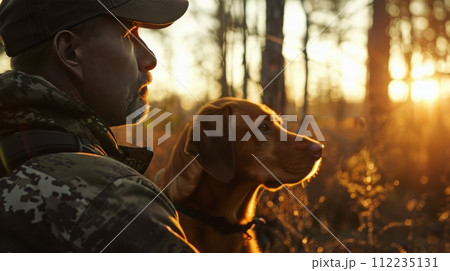 Camouflaged Man Holding Dog in Woods 112235131