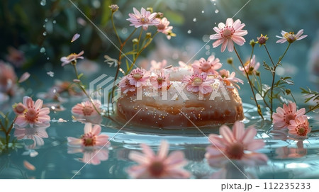Donut With Pink Icing and Flowers on Wooden Board 112235233