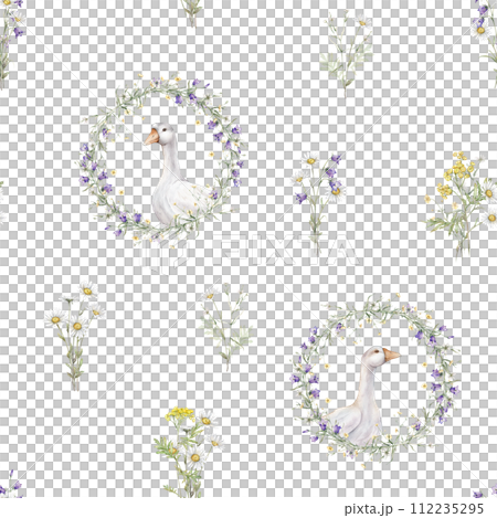 Seamless pattern with wreath of buttercup and flower and bluebell. Domestic watercolor goose. Watercolor hand painting illustration on isolate. Circlet of meadow flowers. Botanical summer wildflowers. Seamless pattern with wreath of buttercup and flower and bluebell. Domestic watercolor goose. Watercolor hand painting illustration on isolate. Circlet of meadow flowers. Botanical summer wildflowers. 112235295