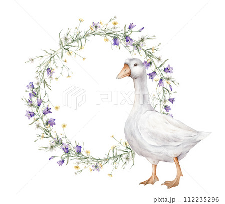 Wreath of yellow buttercup and little flower and violet bluebell. Domestic watercolor goose. Watercolor hand painting illustration on isolate. Circlet of meadow flowers. Botanical summer wildflowers. 112235296