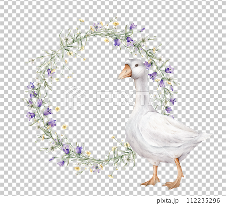 Wreath of yellow buttercup and little flower and violet bluebell. Domestic watercolor goose. Watercolor hand painting illustration on isolate. Circlet of meadow flowers. Botanical summer wildflowers. 112235296