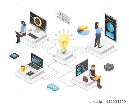 Technology startup. Isometric concept of digital science or network. Young adults working with laptop, creative ideas flawless vector scene 112235399