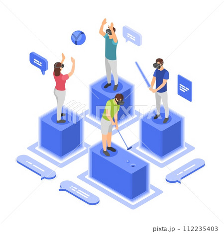 Isometric virtual reality communication. Ai technologies, people in vr glasses. Digital person play ball and golf and talking. Remote talk, flawless vector scene 112235403