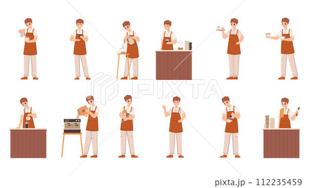 Cartoon barista working. Young male character doing coffee, pours grains into coffee maker. Flat barmen, cafe worker in different poses snugly vector person 112235459