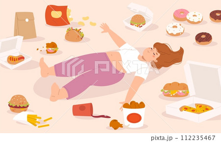Nutrition problems. Young girl overeating and lies among various junk foods. Bulimia and bad habits, mental disease. Happy fat woman, snugly vector scene Nutrition problems. Young girl overeating and lies among various junk foods. Bulimia and bad habits, mental disease. Happy fat woman, snugly vector scene 112235467