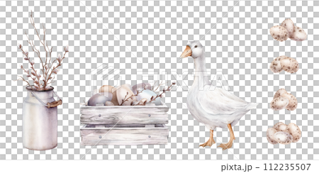 Easter set of quail and chicken eggs. Watercolor hand drawn painting illustration isolated on a white background. Set of pastel color eggs in wooden board illustrations. bouquet of willow in metal can Easter set of quail and chicken eggs. Watercolor hand drawn painting illustration isolated on a white background. Set of pastel color eggs in wooden board illustrations. bouquet of willow in metal can 112235507