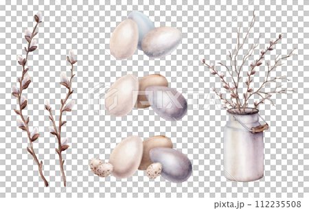 Set of painted eggs and willow branches in metal can for milk. Symbols of Easter celebration. Watercolor hand drawn painting illustration isolated on background. Minimalistic light pastel colors. 112235508