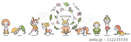 Set of kids yoga animal poses and tropical leaves, flowers, branches. Vector cartoon illustration in doodle style. 112235530