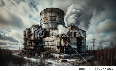 AI-generated content. A worn and rusted nuclear power plant still in use. 112235603