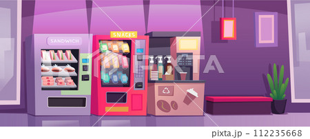 Vending machine in market. Mall or grocery food markets with vending machines exact vector cartoon background 112235668