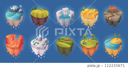 Flying islands. Isometric game backgrounds nature fantasy landscapes oceans rivers trees and rocks exact vector illustrations 112235671