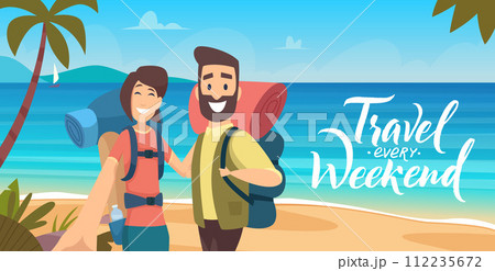 Sea travelers. Male and female characters making selfie on seaside landscape vector banner or placard template 112235672