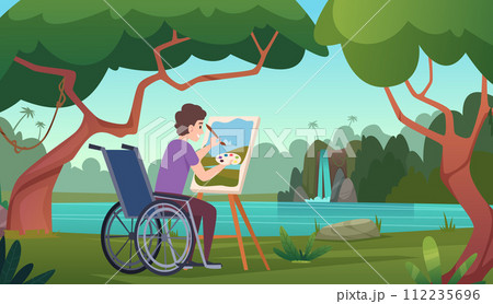 Painter disabled person sitting in wheelchair and painting beautiful nature background Painter disabled person sitting in wheelchair and painting beautiful nature background 112235696
