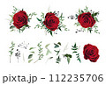Red rose flower, greenery eucalyptus, vine green leaves, berry branches vector watercolor illustration. Big editable designer elements set with floral bouquets. Greeting, wedding invite, print pattern 112235706