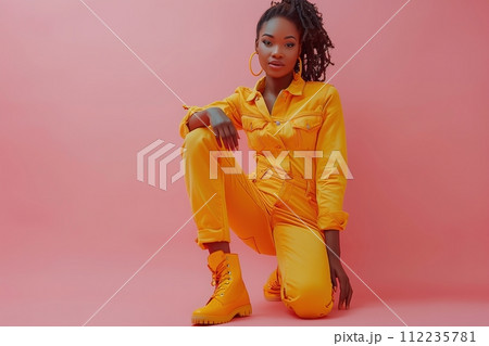 beautiful young woman dressed in yellow 112235781