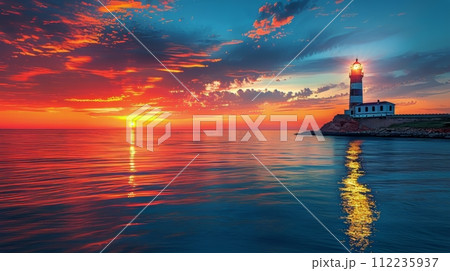 Sunset Over Ocean With Lighthouse in Distance 112235937