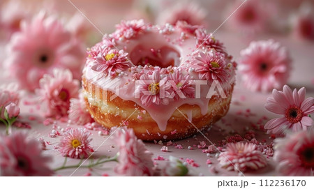 Donut With Pink Icing and Flowers on Wooden Board Donut With Pink Icing and Flowers on Wooden Board 112236170
