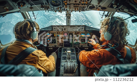 Two Pilots in the Cockpit of an Airplane 112236212