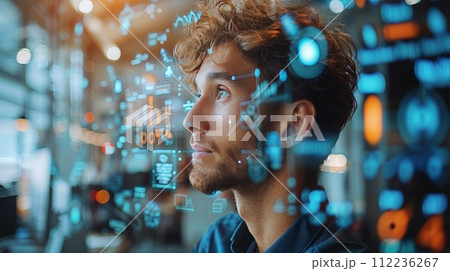 Man With Glasses Looking Up at the Sky 112236267
